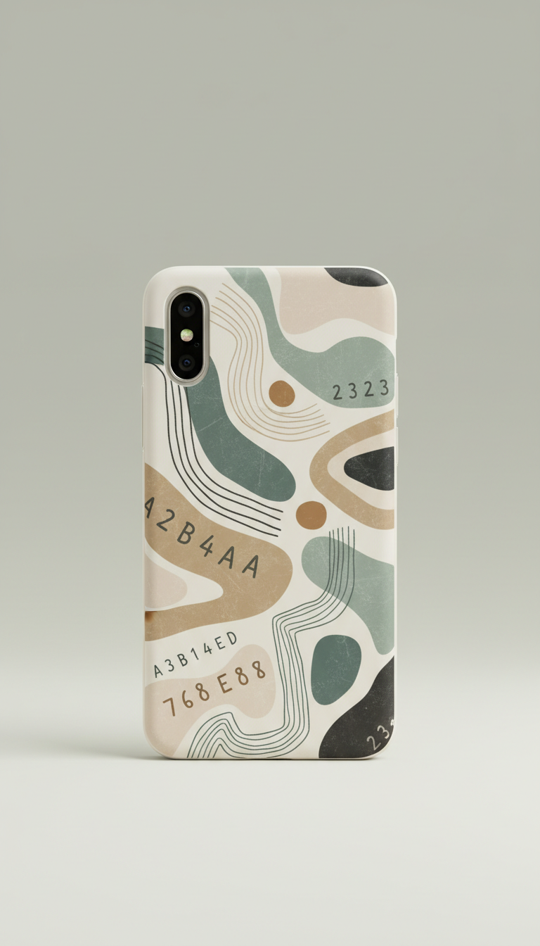 Flexible TPU phone case with abstract art image, Default angle is a 3/4 front shot at slight above-table height to...