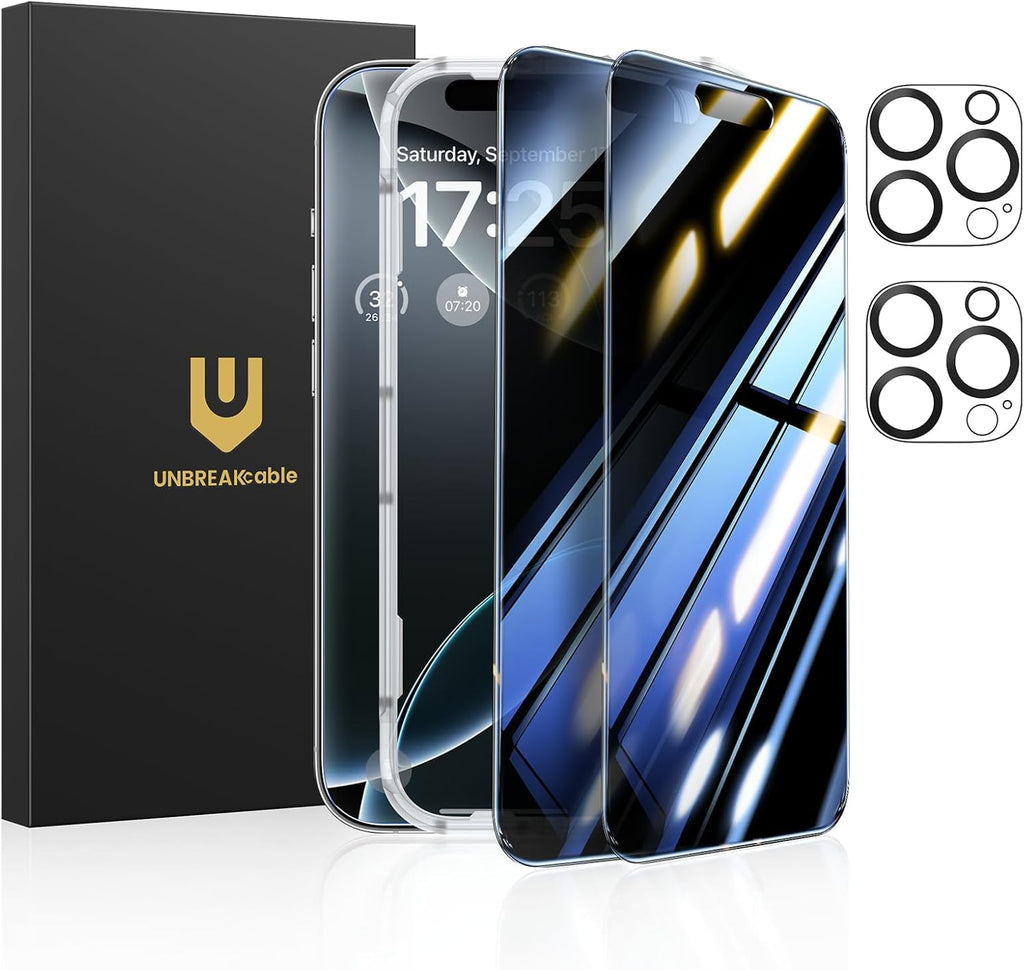 UNBREAKcable Privacy Screen Protector for iPhone 16 Pro Max (6.9-Inch), 2-Pack + 2 Lens Protectors｜25° Anti-Spy｜9H Hardness｜Anti-Fingerprint｜HD Clarity Tempered Glass