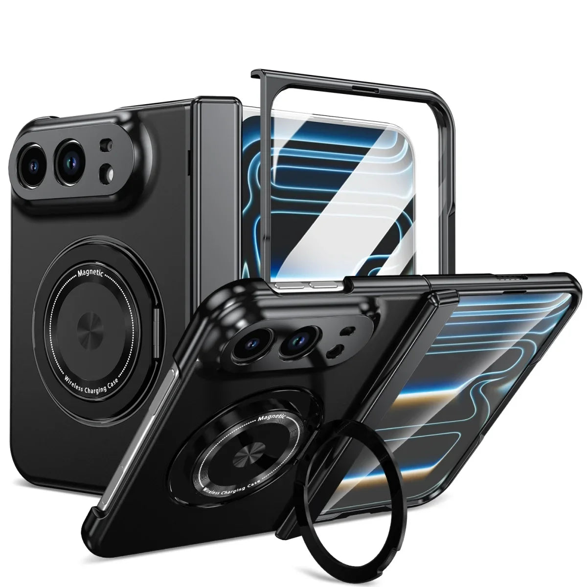360 Rotatable Stand Magnetic Wireless Charging Phone Case for IPhone Duo Fold Tempered Glass Film Hinge Protective Cover