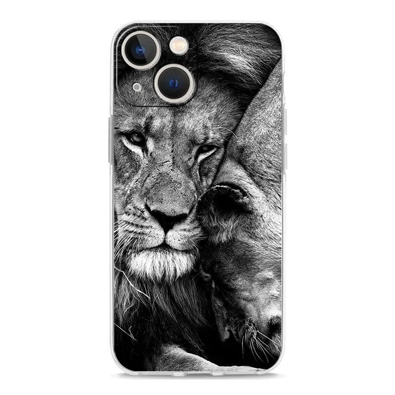 Luxury Transparent Phone Case For iPhone 15 14 13 12 11 Pro Max XS X XR 7 8 Plus Clear Cover Black Cheetah Tiger Lion Animals