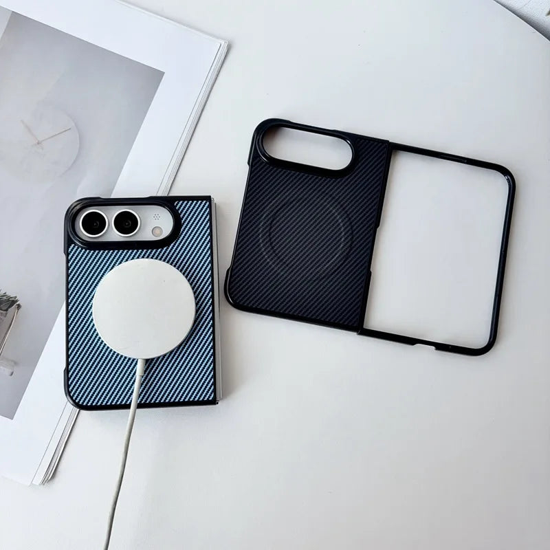 Magnetic Phone Case for iPhone Duo Ultra Fold Cover Carbon Fiber Pattern Soft TPU Shell for Magsafe Charge Anti-knock
