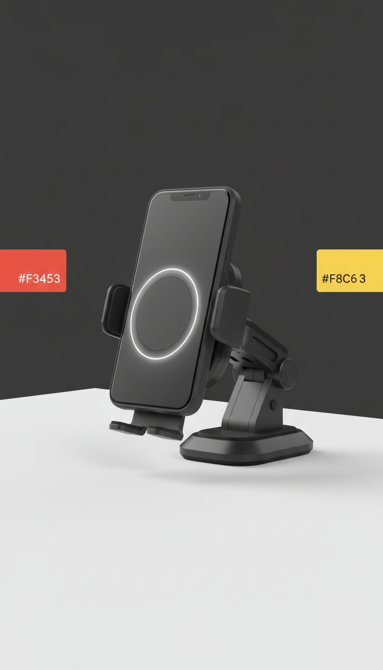 Wireless charging car mount, Primary angle: three-quarter view showing both mount and phone in situ on a car dashboard...