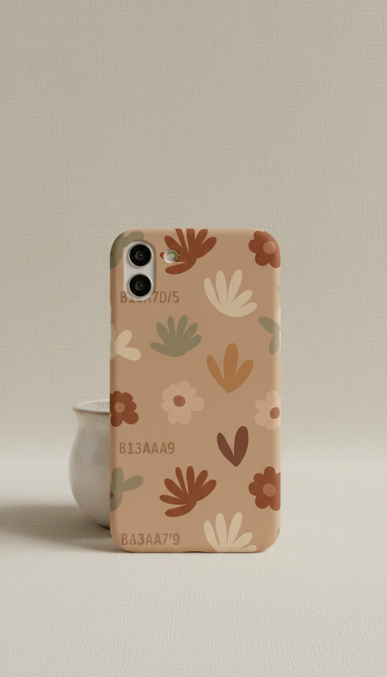 Toasted Almond Minimal Floral boho retro phone case, Default angle is a clean three-quarter shot from slightly above,...