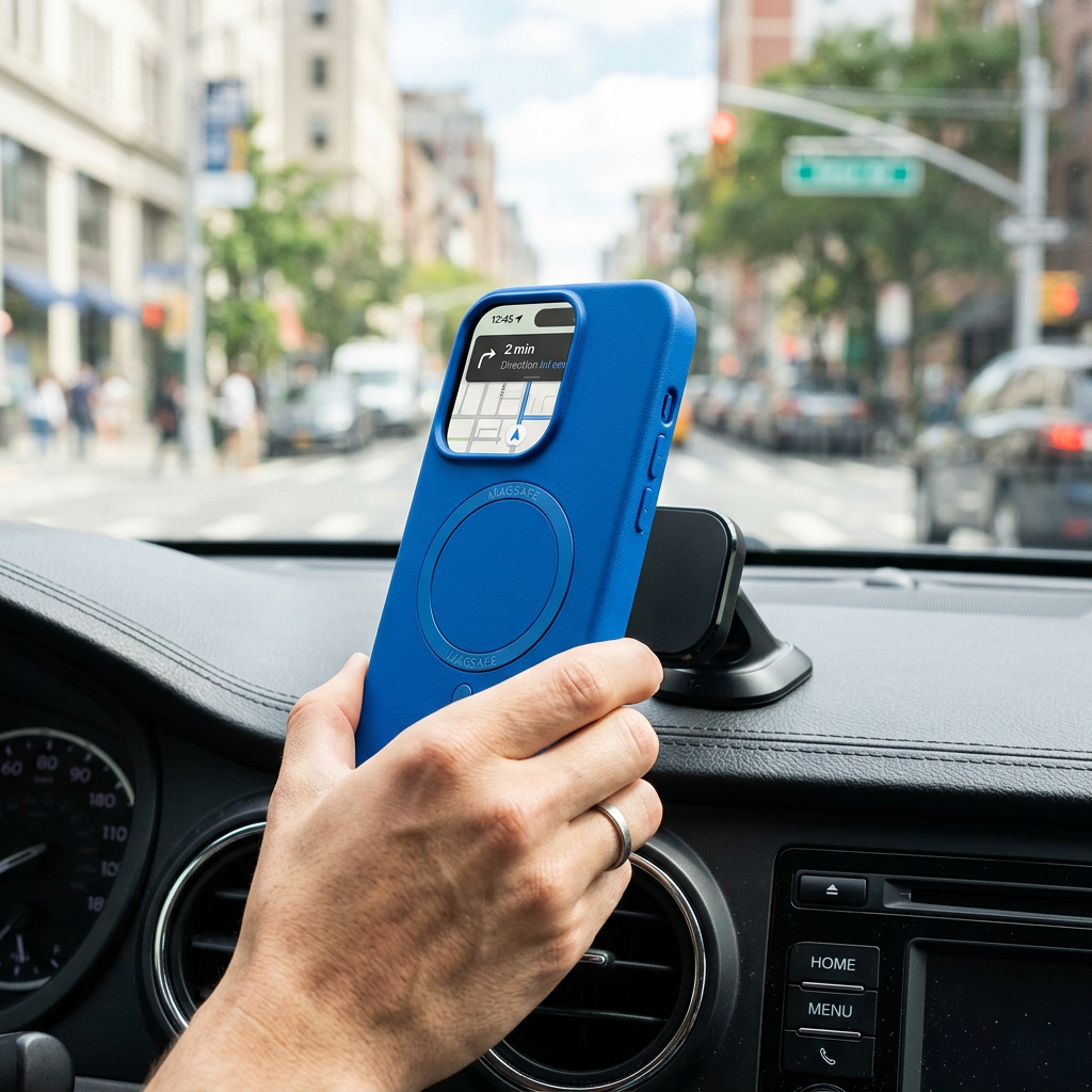 Hand snapping Bold Blue Magnetic Phone Case onto a car mount on a dashboard
