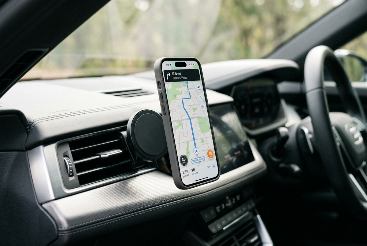 SnapDrive MagSafe car mount in matte black holding iPhone in car vent with navigation map open