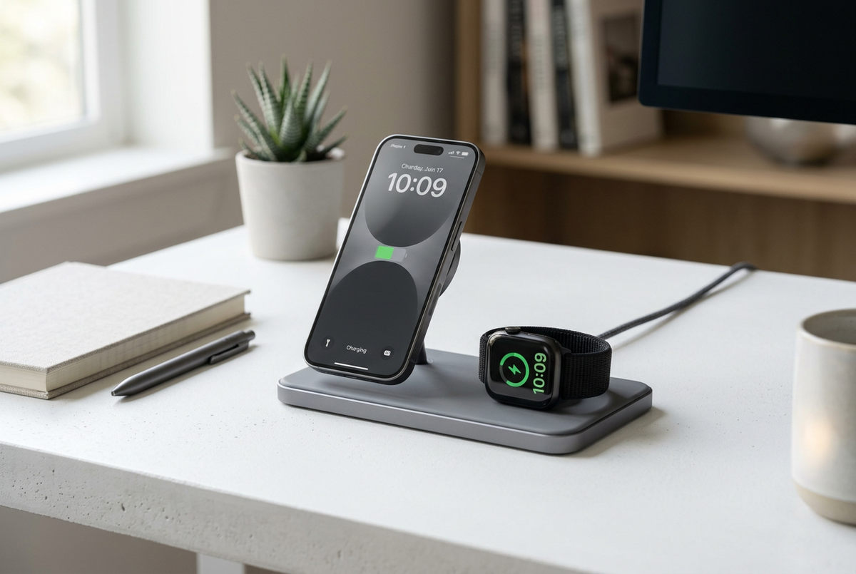 SnapCharge Duo MagSafe and Apple Watch 2-in-1 wireless charger on a modern minimalist desk