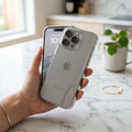 Crystal clear slim phone case on iPhone 17 Pro held against a white marble surface